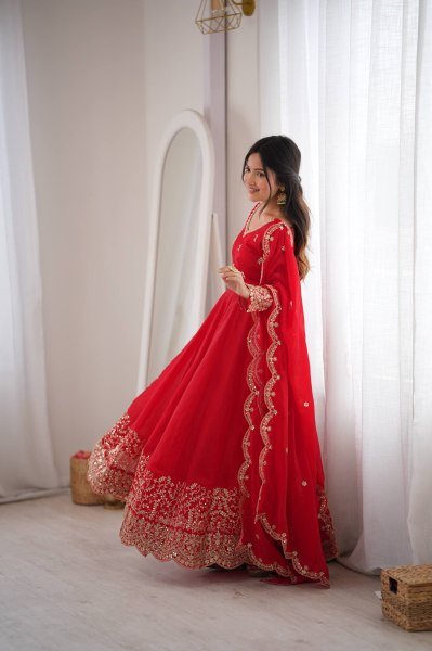 Handcrafted Red Designer Fendy Silk Gown Set with Heavy Embroidery and Sequins Lace Border Ready To Wear Collection