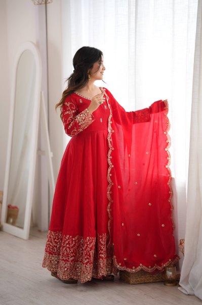 Handcrafted Red Designer Fendy Silk Gown Set with Heavy Embroidery and Sequins Lace Border Ready To Wear Collection