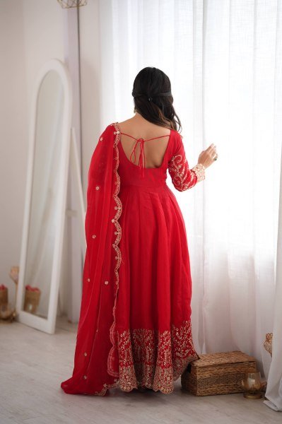 Handcrafted Red Designer Fendy Silk Gown Set with Heavy Embroidery and Sequins Lace Border Ready To Wear Collection