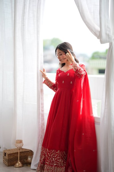 Handcrafted Red Designer Fendy Silk Gown Set with Heavy Embroidery and Sequins Lace Border Ready To Wear Collection