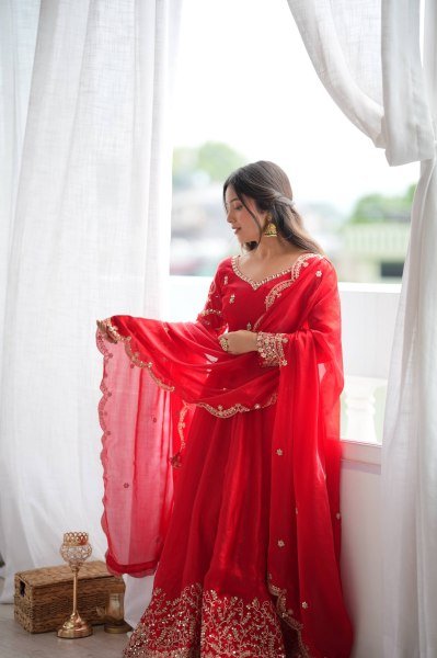Handcrafted Red Designer Fendy Silk Gown Set with Heavy Embroidery and Sequins Lace Border Ready To Wear Collection