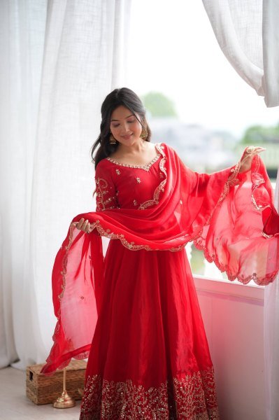 Handcrafted Red Designer Fendy Silk Gown Set with Heavy Embroidery and Sequins Lace Border Ready To Wear Collection