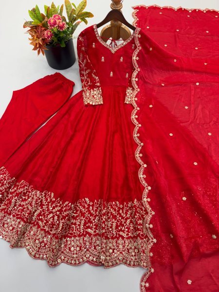 Handcrafted Red Designer Fendy Silk Gown Set with Heavy Embroidery and Sequins Lace Border Ready To Wear Collection