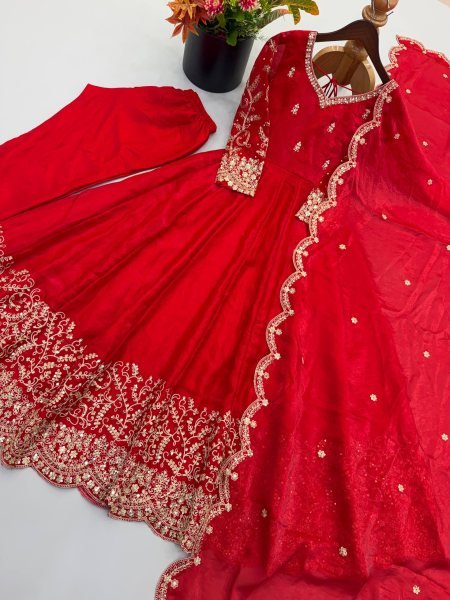Handcrafted Red Designer Fendy Silk Gown Set with Heavy Embroidery and Sequins Lace Border Ready To Wear Collection