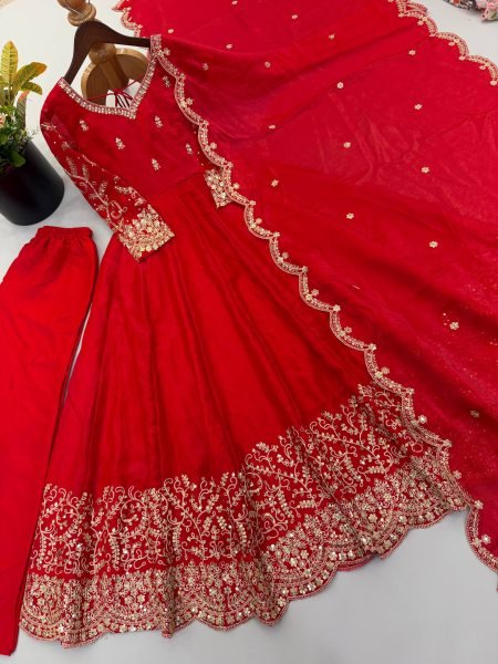 Handcrafted Red Designer Fendy Silk Gown Set with Heavy Embroidery and Sequins Lace Border Ready To Wear Collection