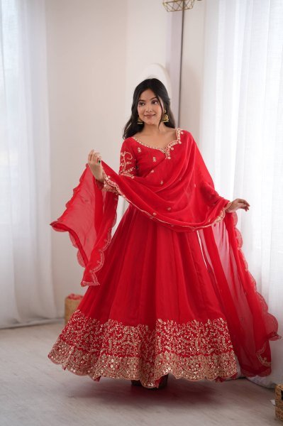 Handcrafted Red Designer Fendy Silk Gown Set with Heavy Embroidery and Sequins Lace Border Ready To Wear Collection