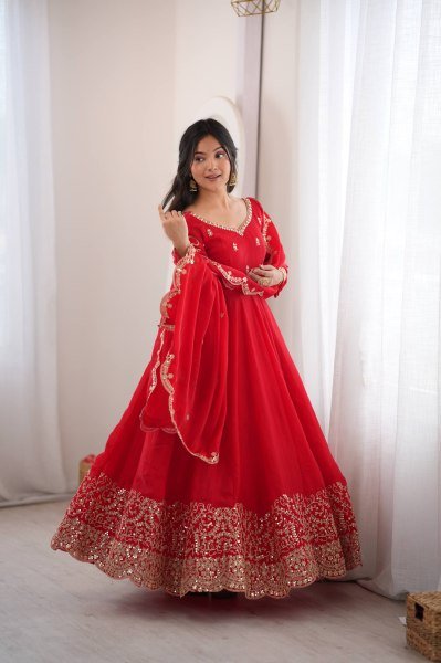 Handcrafted Red Designer Fendy Silk Gown Set with Heavy Embroidery and Sequins Lace Border Ready To Wear Collection