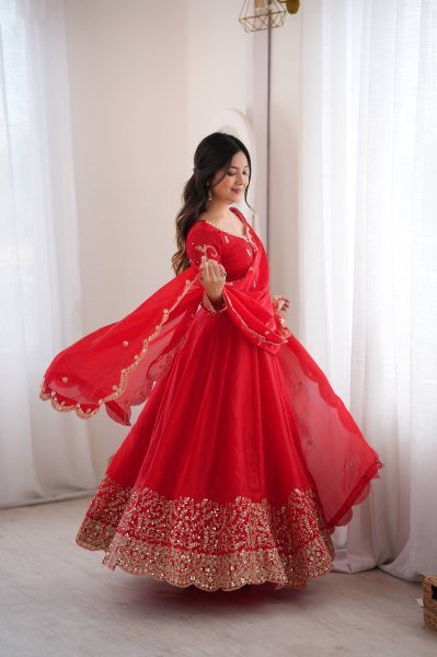 Handcrafted Red Designer Fendy Silk Gown Set with Heavy Embroidery and Sequins Lace Border Ready To Wear Collection