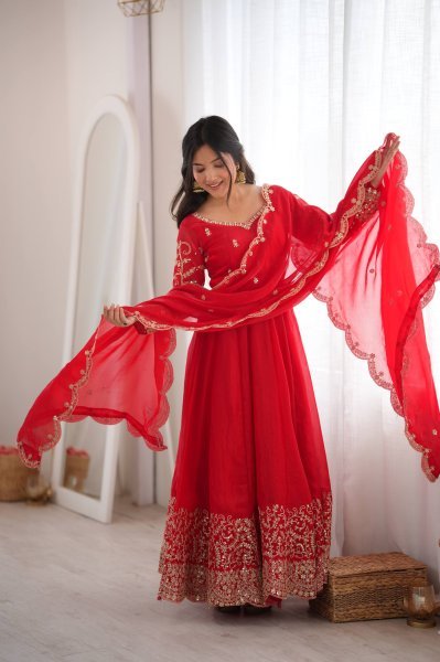 Handcrafted Red Designer Fendy Silk Gown Set with Heavy Embroidery and Sequins Lace Border Ready To Wear Collection