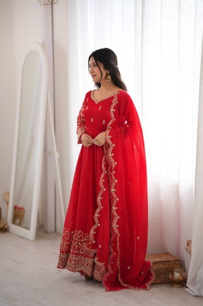 Handcrafted Red Designer Fendy Silk Gown Set with Heavy Embroidery and Sequins Lace Border Ready To Wear Collection
