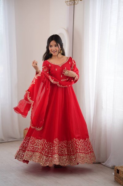 Handcrafted Red Designer Fendy Silk Gown Set with Heavy Embroidery and Sequins Lace Border Ready To Wear Collection