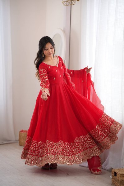 Handcrafted Red Designer Fendy Silk Gown Set with Heavy Embroidery and Sequins Lace Border Ready To Wear Collection
