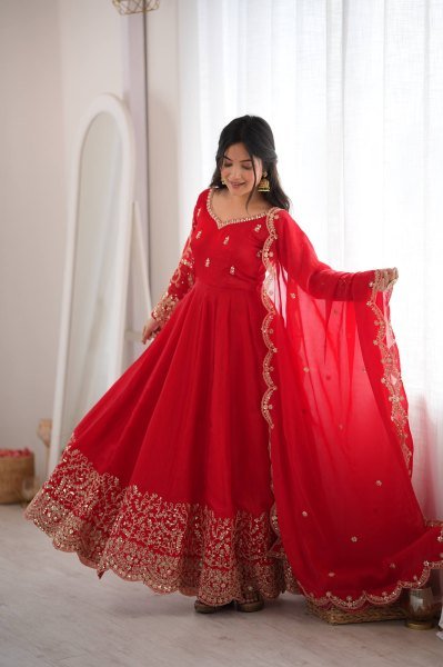 Handcrafted Red Designer Fendy Silk Gown Set with Heavy Embroidery and Sequins Lace Border Ready To Wear Collection