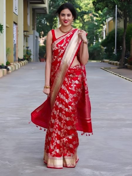 Handcrafted Red Lichi Silk Designer Saree with Exclusive Jacquard Border Blouse 