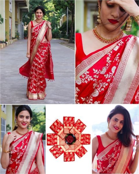 Handcrafted Red Lichi Silk Designer Saree with Exclusive Jacquard Border Blouse Silk Sarees Wholesale