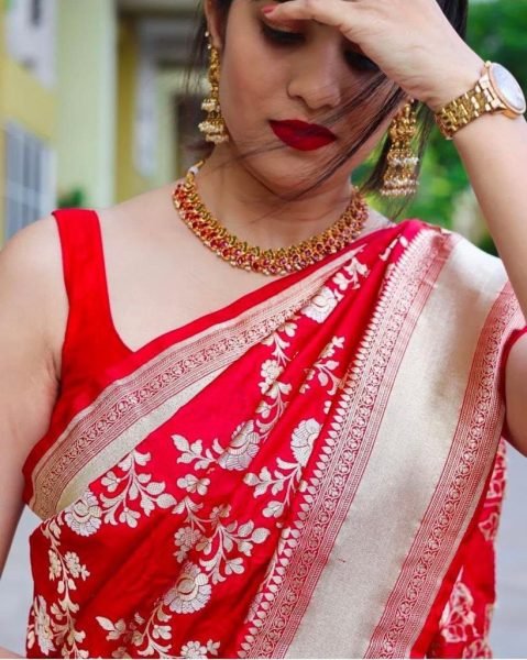 Handcrafted Red Lichi Silk Designer Saree with Exclusive Jacquard Border Blouse Silk Sarees Wholesale