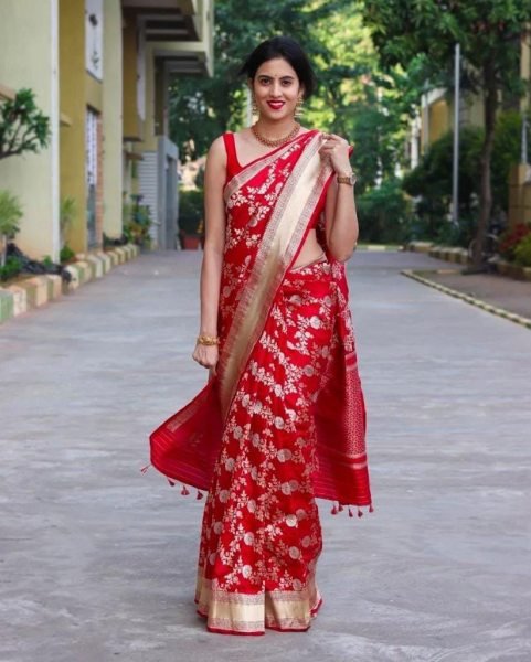 Handcrafted Red Lichi Silk Designer Saree with Exclusive Jacquard Border Blouse Silk Sarees Wholesale