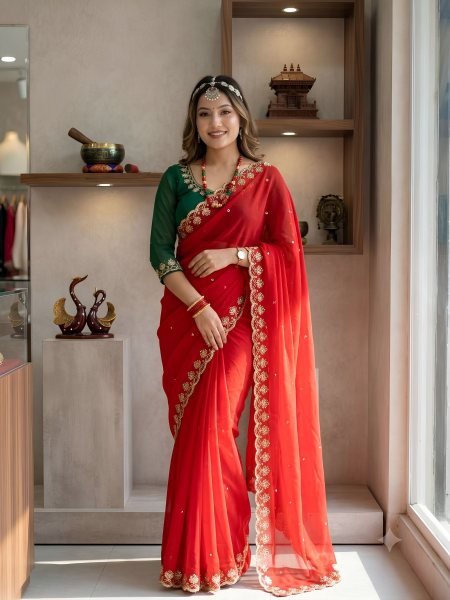 Handcrafted Red Soft Georgette Saree with Sequins Embroidery and Designer Blouse 