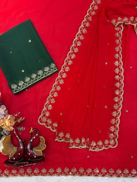 Handcrafted Red Soft Georgette Saree with Sequins Embroidery and Designer Blouse Georgette Sarees Wholesale