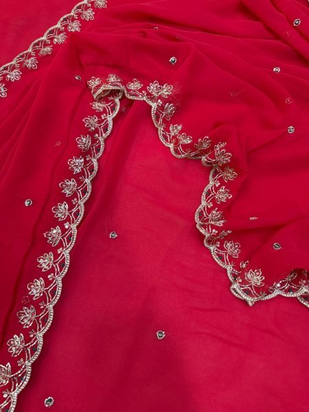 Handcrafted Red Soft Georgette Saree with Sequins Embroidery and Designer Blouse Georgette Sarees Wholesale