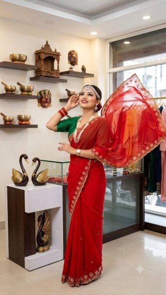 Handcrafted Red Soft Georgette Saree with Sequins Embroidery and Designer Blouse Georgette Sarees Wholesale