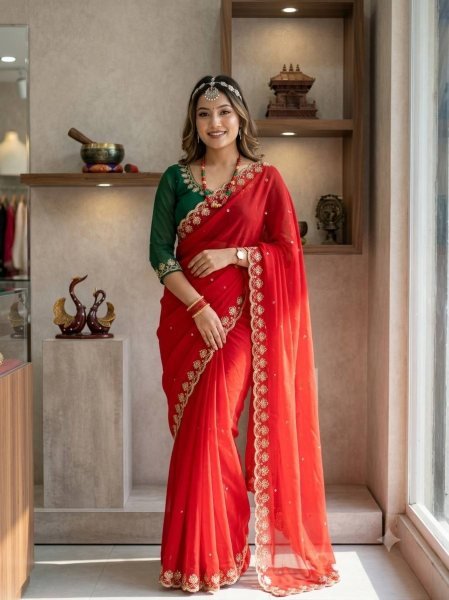 Handcrafted Red Soft Georgette Saree with Sequins Embroidery and Designer Blouse Georgette Sarees Wholesale