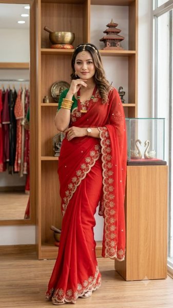 Handcrafted Red Soft Georgette Saree with Sequins Embroidery and Designer Blouse Georgette Sarees Wholesale