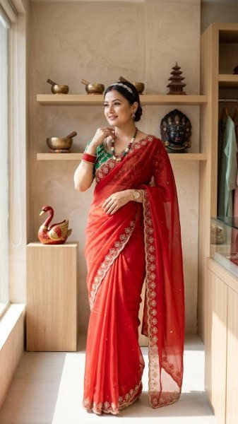 Handcrafted Red Soft Georgette Saree with Sequins Embroidery and Designer Blouse Georgette Sarees Wholesale