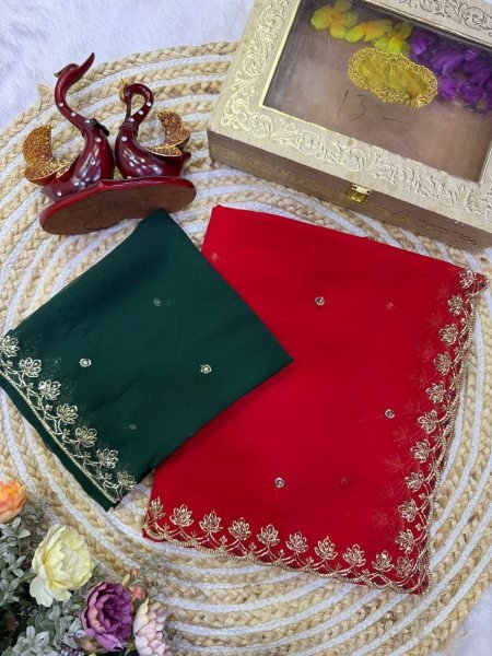 Handcrafted Red Soft Georgette Saree with Sequins Embroidery and Designer Blouse Georgette Sarees Wholesale