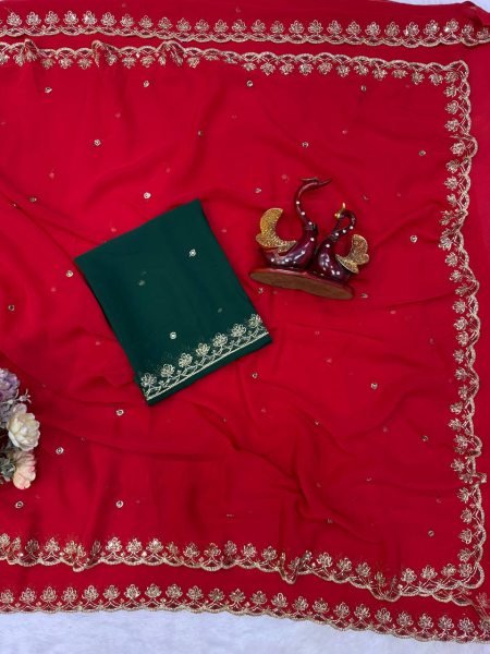 Handcrafted Red Soft Georgette Saree with Sequins Embroidery and Designer Blouse Georgette Sarees Wholesale
