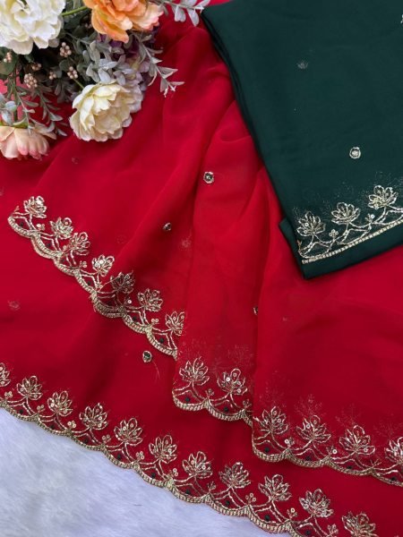 Handcrafted Red Soft Georgette Saree with Sequins Embroidery and Designer Blouse Georgette Sarees Wholesale