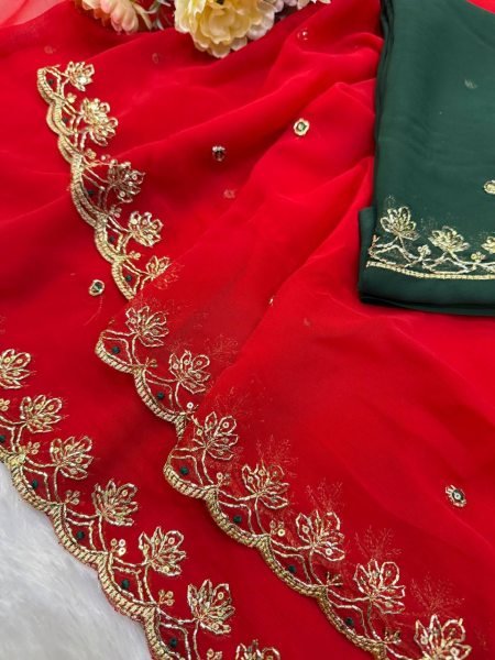 Handcrafted Red Soft Georgette Saree with Sequins Embroidery and Designer Blouse Georgette Sarees Wholesale