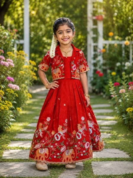 Handcrafted Red Vichitra Silk Long Gown with Designer Embroidered Jacket for Festive Wear Kurtis