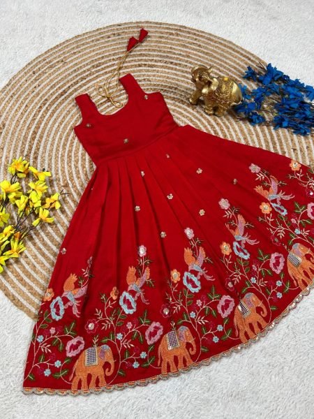 Handcrafted Red Vichitra Silk Long Gown with Designer Embroidered Jacket for Festive Wear Girls Wear