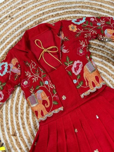 Handcrafted Red Vichitra Silk Long Gown with Designer Embroidered Jacket for Festive Wear Girls Wear