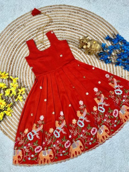 Handcrafted Red Vichitra Silk Long Gown with Designer Embroidered Jacket for Festive Wear Girls Wear