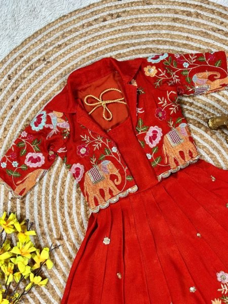 Handcrafted Red Vichitra Silk Long Gown with Designer Embroidered Jacket for Festive Wear Girls Wear