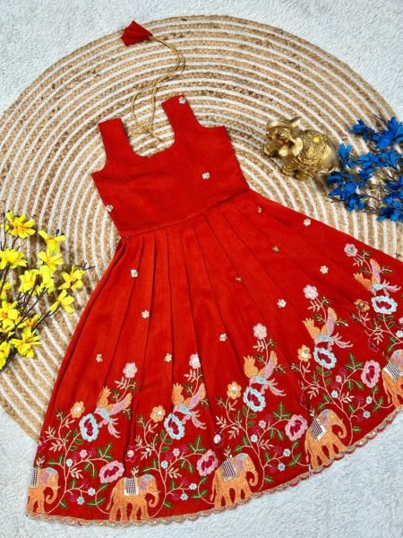 Handcrafted Red Vichitra Silk Long Gown with Designer Embroidered Jacket for Festive Wear Girls Wear