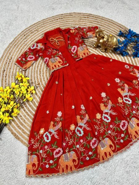 Handcrafted Red Vichitra Silk Long Gown with Designer Embroidered Jacket for Festive Wear Girls Wear