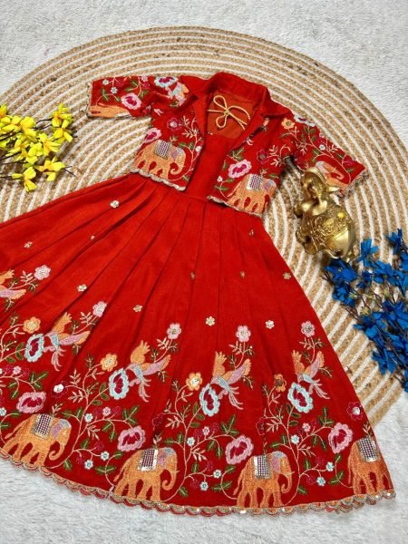 Handcrafted Red Vichitra Silk Long Gown with Designer Embroidered Jacket for Festive Wear Girls Wear