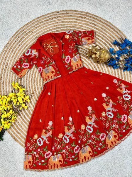 Handcrafted Red Vichitra Silk Long Gown with Designer Embroidered Jacket for Festive Wear Girls Wear