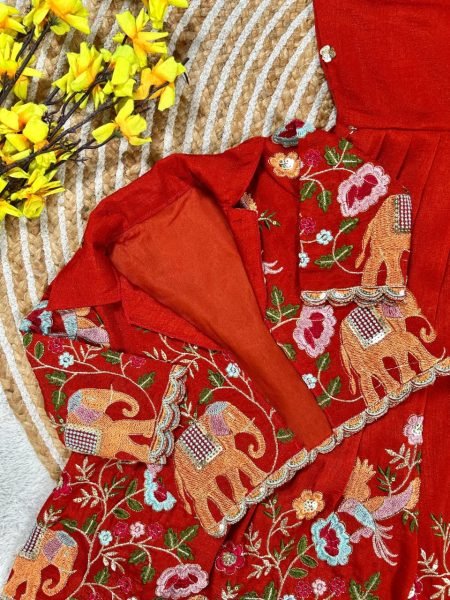 Handcrafted Red Vichitra Silk Long Gown with Designer Embroidered Jacket for Festive Wear Girls Wear