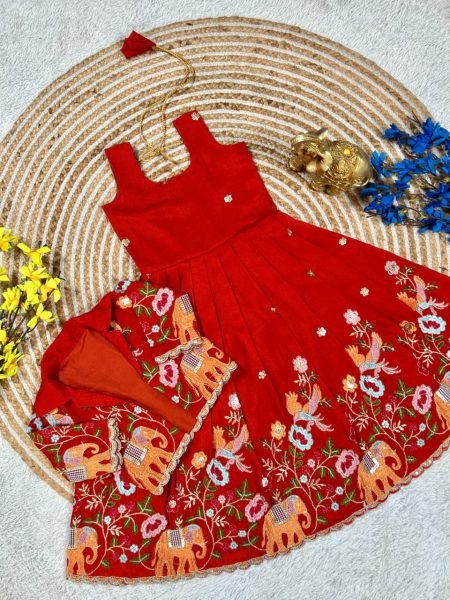Handcrafted Red Vichitra Silk Long Gown with Designer Embroidered Jacket for Festive Wear Girls Wear