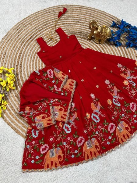 Handcrafted Red Vichitra Silk Long Gown with Designer Embroidered Jacket for Festive Wear Girls Wear