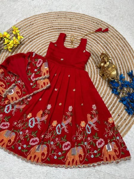 Handcrafted Red Vichitra Silk Long Gown with Designer Embroidered Jacket for Festive Wear Girls Wear