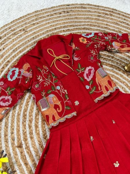 Handcrafted Red Vichitra Silk Long Gown with Designer Embroidered Jacket for Festive Wear Girls Wear