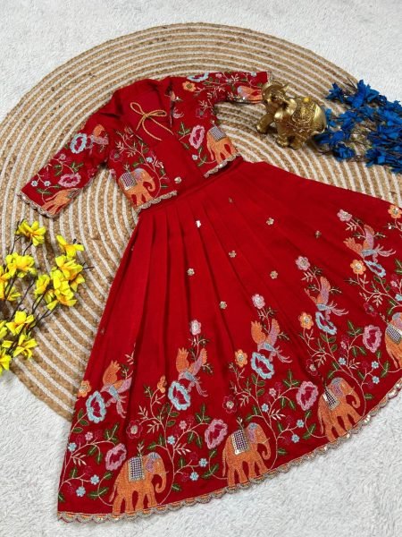 Handcrafted Red Vichitra Silk Long Gown with Designer Embroidered Jacket for Festive Wear Girls Wear