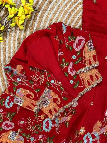 Handcrafted Red Vichitra Silk Long Gown with Designer Embroidered Jacket for Festive Wear Girls Wear