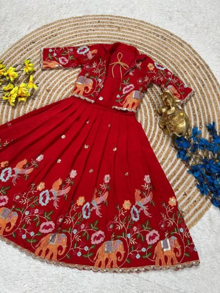 Handcrafted Red Vichitra Silk Long Gown with Designer Embroidered Jacket for Festive Wear Girls Wear