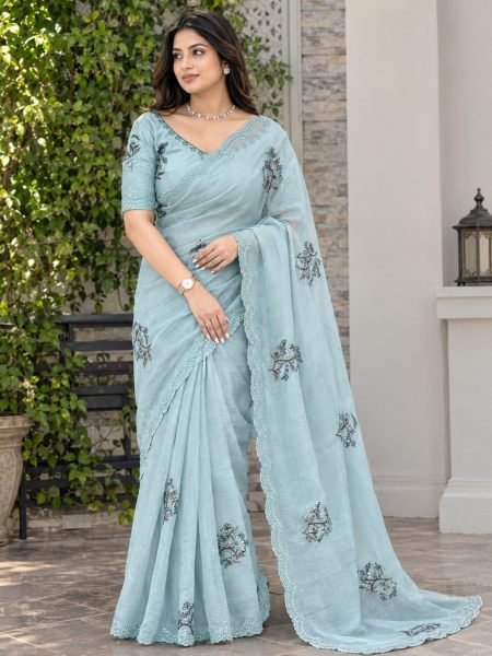 Handcrafted Sky Blue Designer Jute Organza Saree with Multi Thread Embroidery at Wholesale Rate 